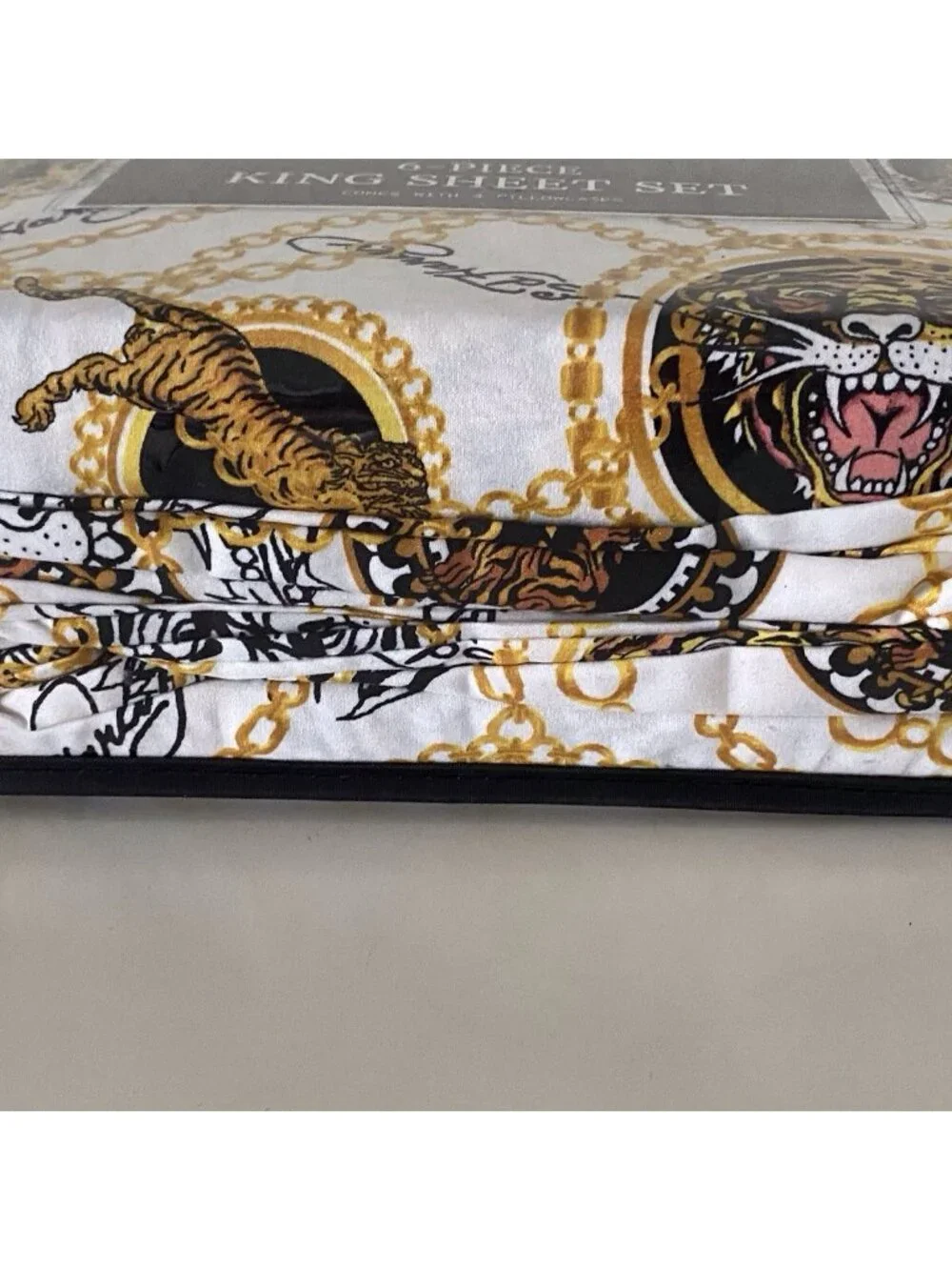 6 Piece Ed Hardy KING Size Sheet Set Americana Asian Tattoo‎ Tiger Print White